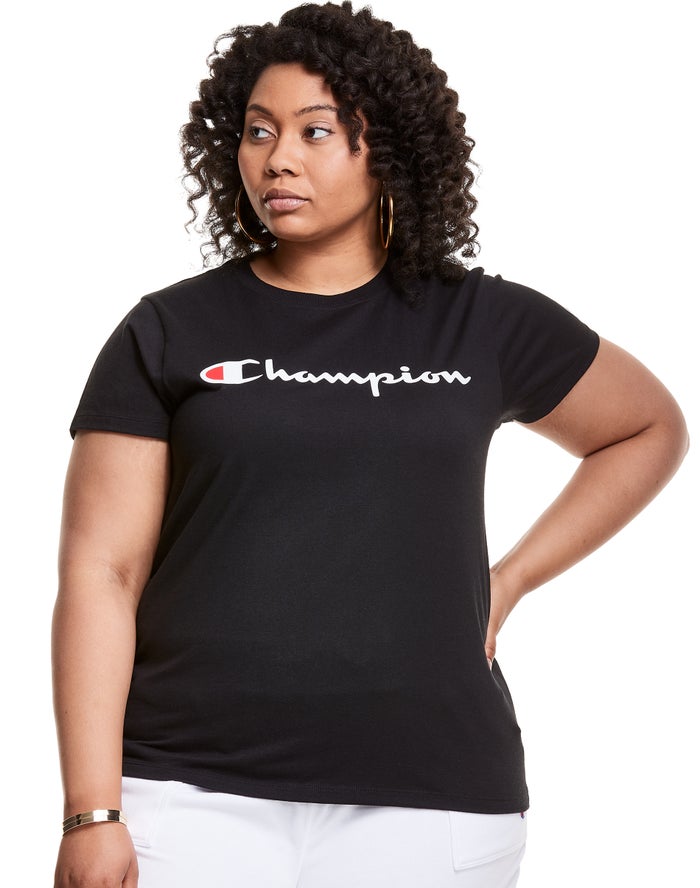 Champion Dame T-Shirts Sort - Plus Classic Script Logo - Danmark CFR-534298